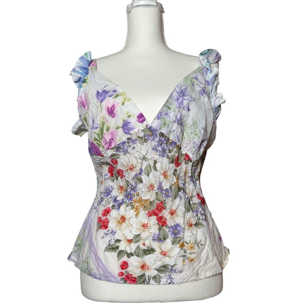 Vintage Y2K Floral Print Ruffle Sleeve Tank Top Fairy Coquette Boho Festival L